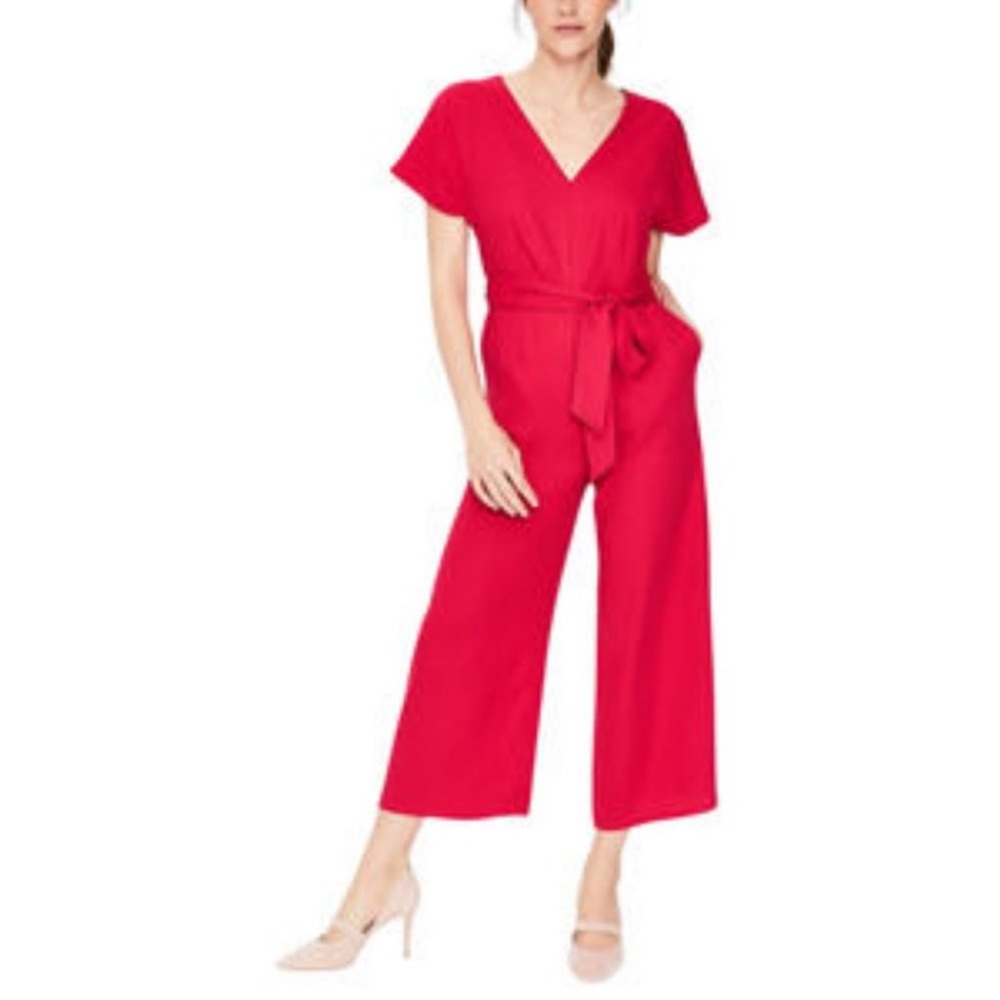 Boden Red V-Neck Cropped Wide-Leg Jumpsuit